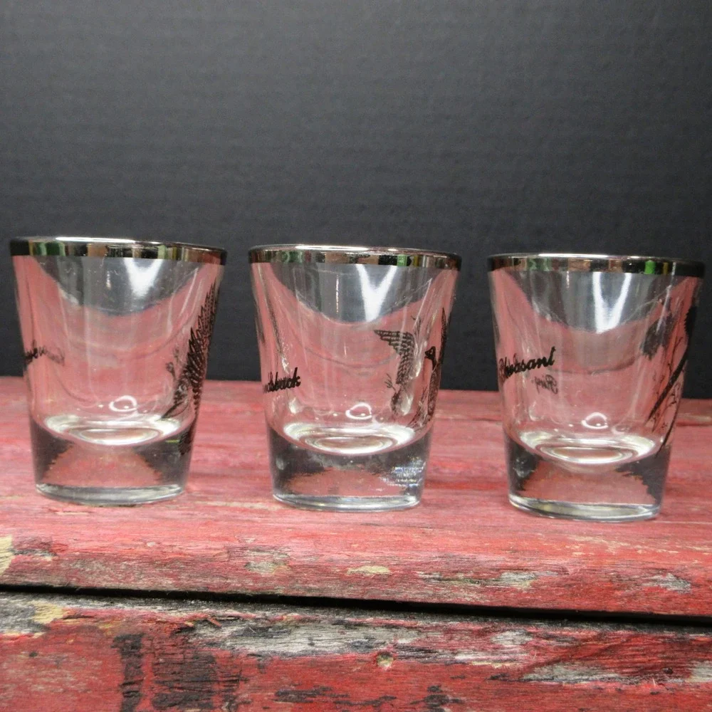 VTG MCM Game Bird Shot Glasses Set of 3 Canada Goose Canvasback Pheasant Silver